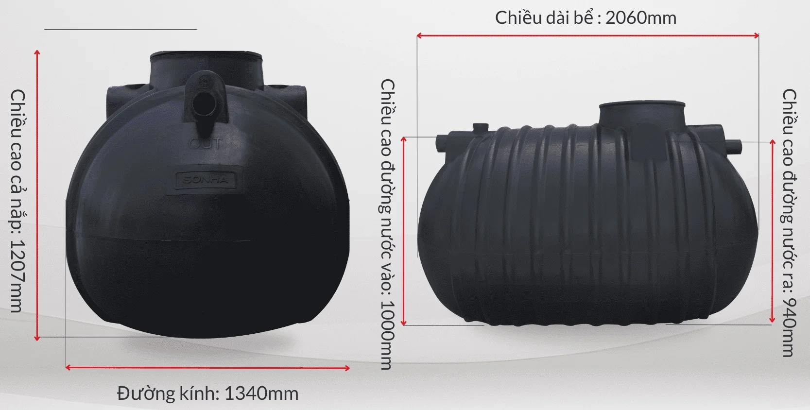 Kích thước bể tự hoại Sơn Hà 2200L ngang