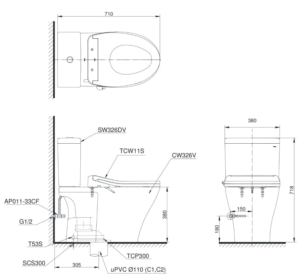 Bồn cầu điện tử TOTO MS857CDW26#XW nắp rửa Washlet dòng S1 giấu dây