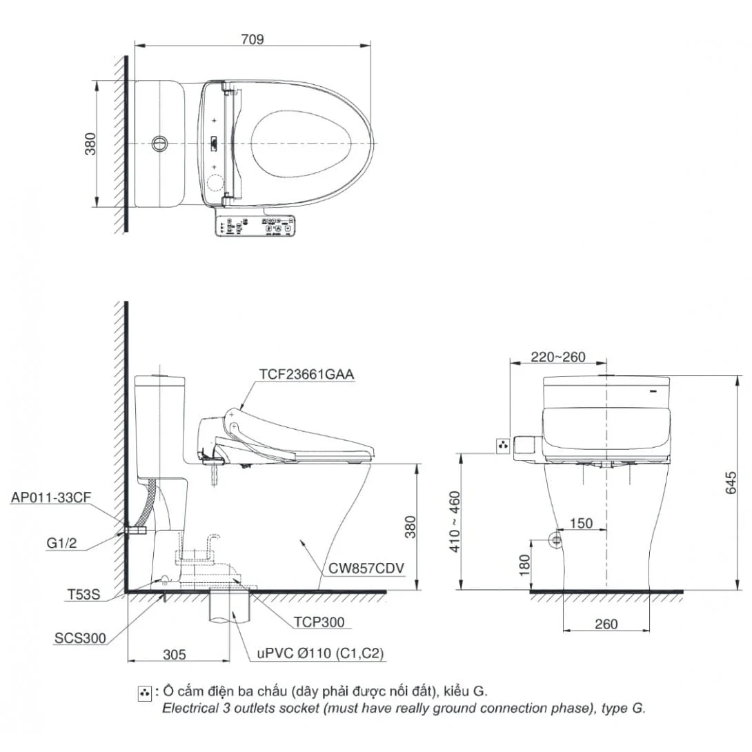 Bồn cầu điện tử TOTO MS857CDW26#XW nắp rửa Washlet dòng S1 giấu dây