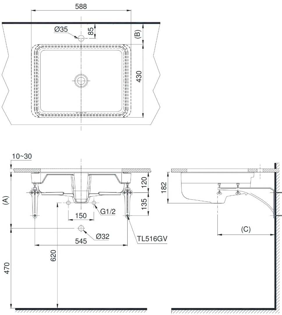 bản vẽ kỹ thuật chậu lavabo bán âm bàn TOTO LW1315CBVN#XW