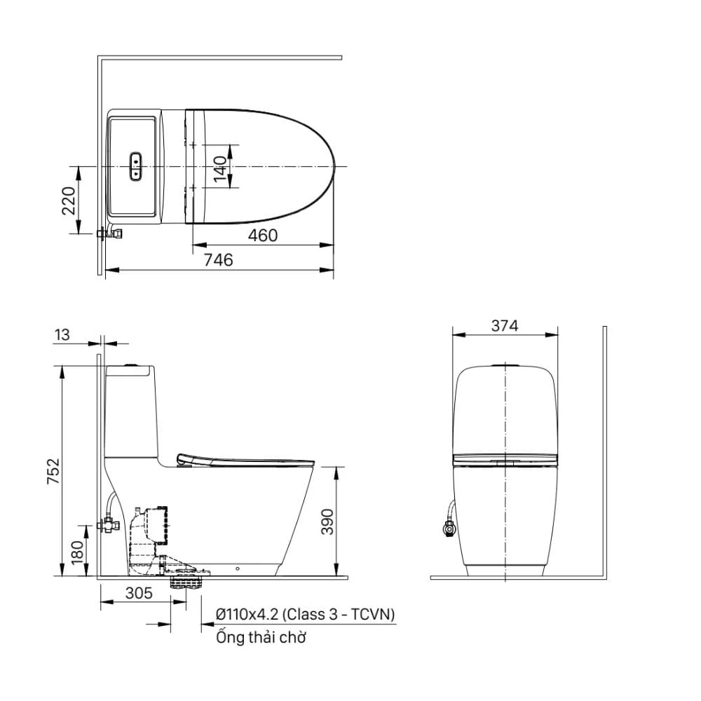 Bản vẽ kỹ thuật Bồn cầu 1 khối nắp êm Inax AC-902VN