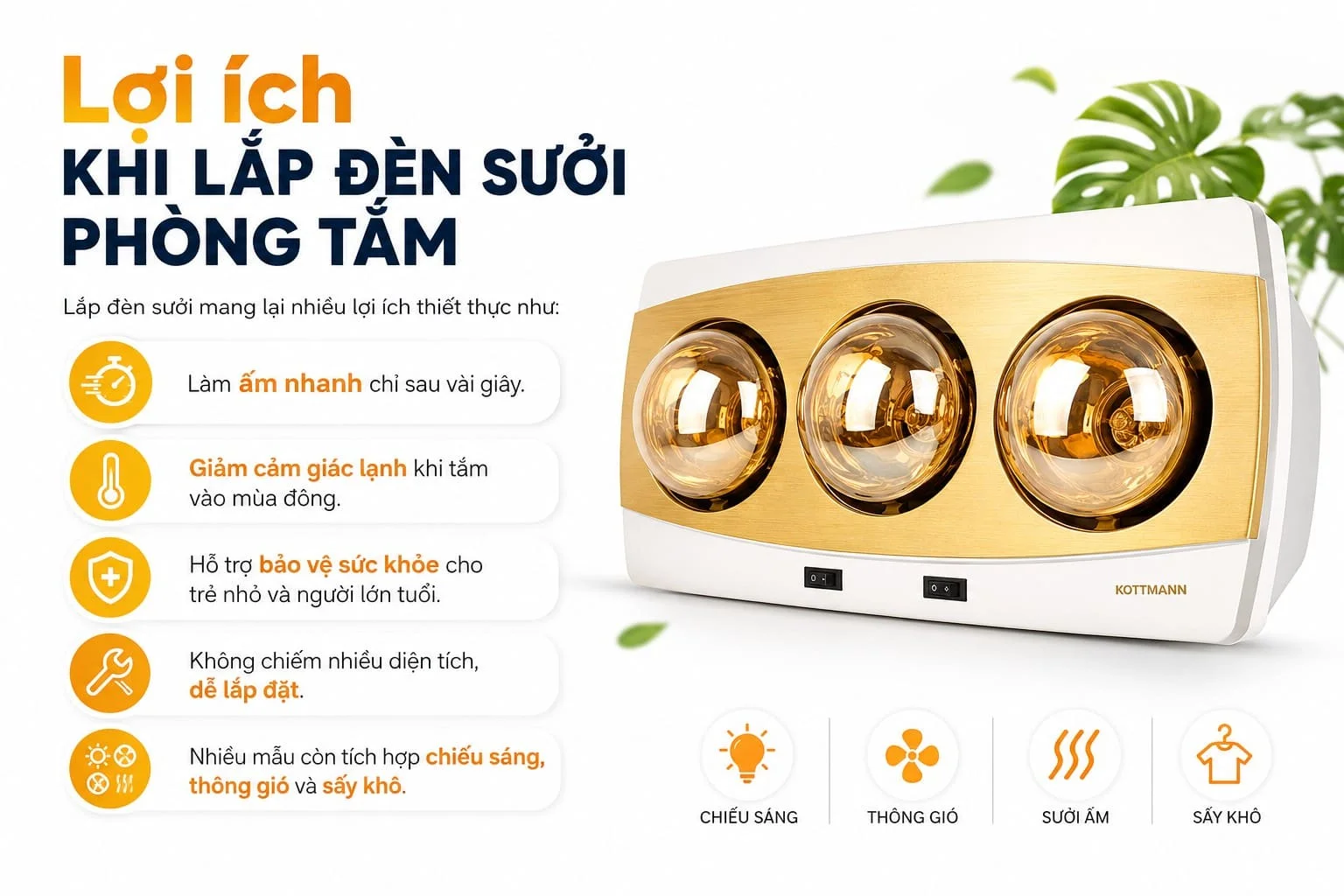 Lợi ích khi lắp đèn sưởi phòng tắm