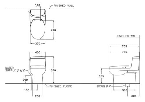 Bản vẽ kỹ thuật Bàn Cầu 1 Khối nắp rửa cơ COTTO C1141(CN1)