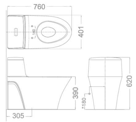 Bản vẽ kỹ thuật Bàn Cầu 1 Khối Nắp Rửa Cơ AMERICAN STANDARD VF-2010S
