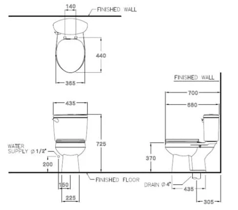 Bản vẽ kỹ thuật Bàn Cầu 2 Khối COTTO C1444 