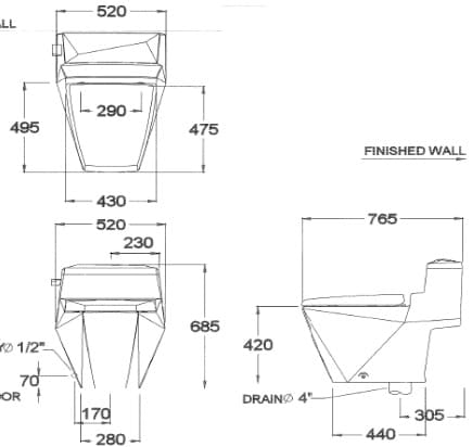 Bản vẽ kỹ thuật Bàn Cầu 1 Khối COTTO C10077