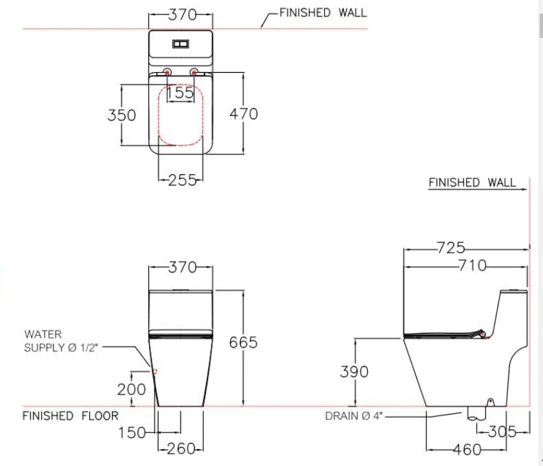 Bản vẽ kỹ thuật Bàn Cầu 1 Khối COTTO C10327 Quado