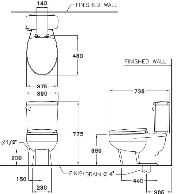 Bản vẽ kỹ thuật Bàn Cầu 2 Khối COTTO C1389