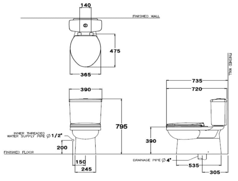 Bản vẽ kỹ thuật Bàn Cầu 2 Khối COTTO C13330 