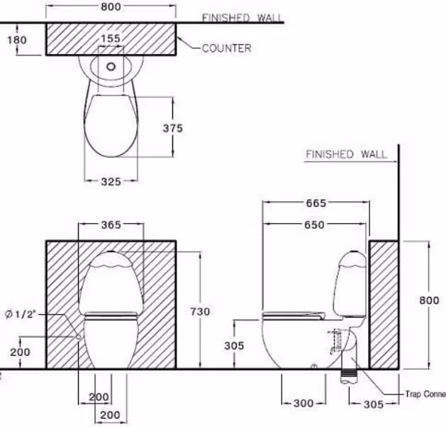 Bản vẽ kỹ thuật Bàn cầu 2 khối trẻ em COTTO C15007
