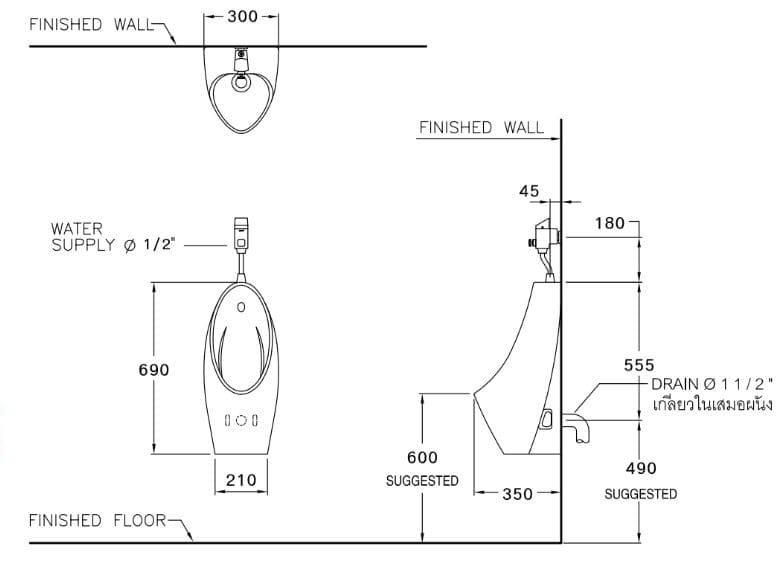 Bản vẽ kỹ thuật Bồn Tiểu Nam COTTO C30207 Treo Tường