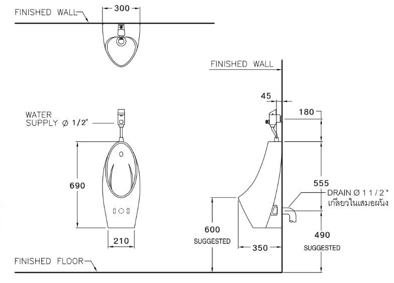 Bản vẽ kỹ thuật Bồn Tiểu Nam COTTO C30207 Treo Tường