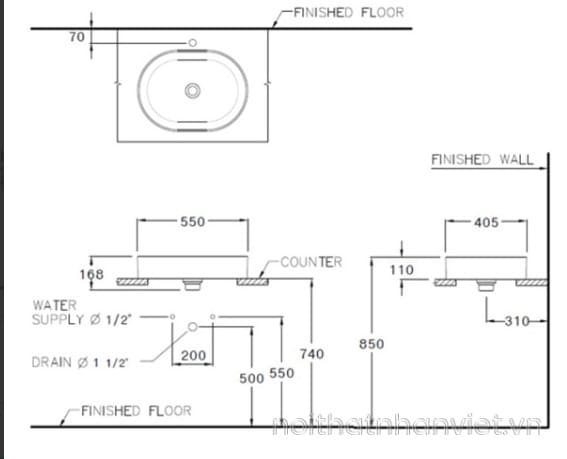 bản vẽ kỹ thuật Chậu rửa mặt COTTO C001027 đặt bàn 
