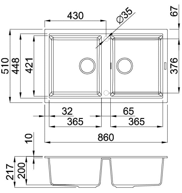 bản vẽ kỹ thuật Chậu Rửa Chén Đá 2 hố Malloca NERO G 45040