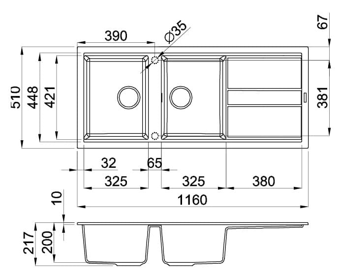 bản vẽ kỹ thuật Chậu Rửa Chén Đá 2 hố 1 bàn Malloca NERO G 50040