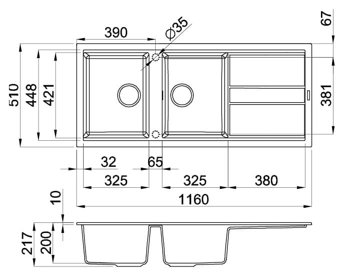 Bản vẽ kỹ thuật Chậu Rửa Chén Đá 2 hố 1 bàn Malloca TORTORA G 50043