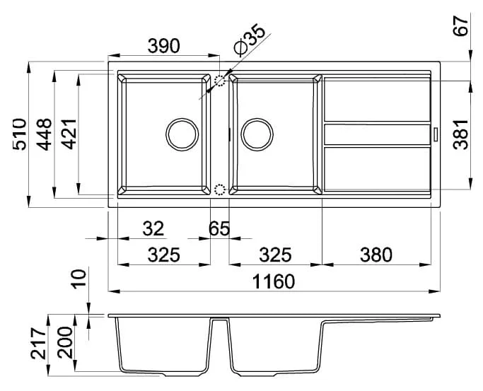 Bản vẽ kỹ thuật Chậu Rửa Chén Đá 2 hố 1 bàn Malloca TORTORA G 50043