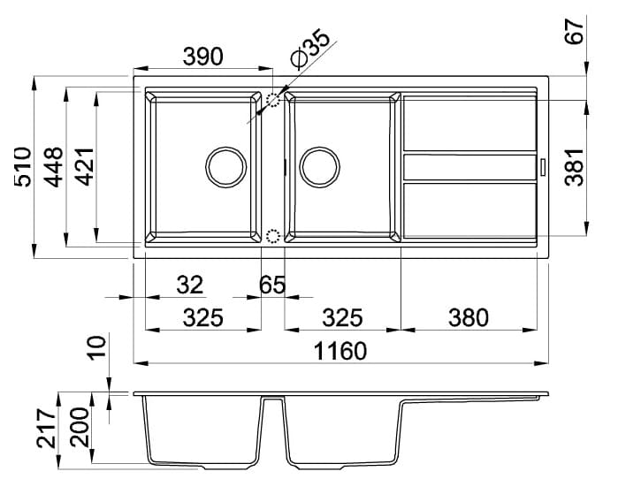 bản vẽ kỹ thuật Chậu Rửa Chén Đá 2 hố 1 bàn Malloca NERO K 50043