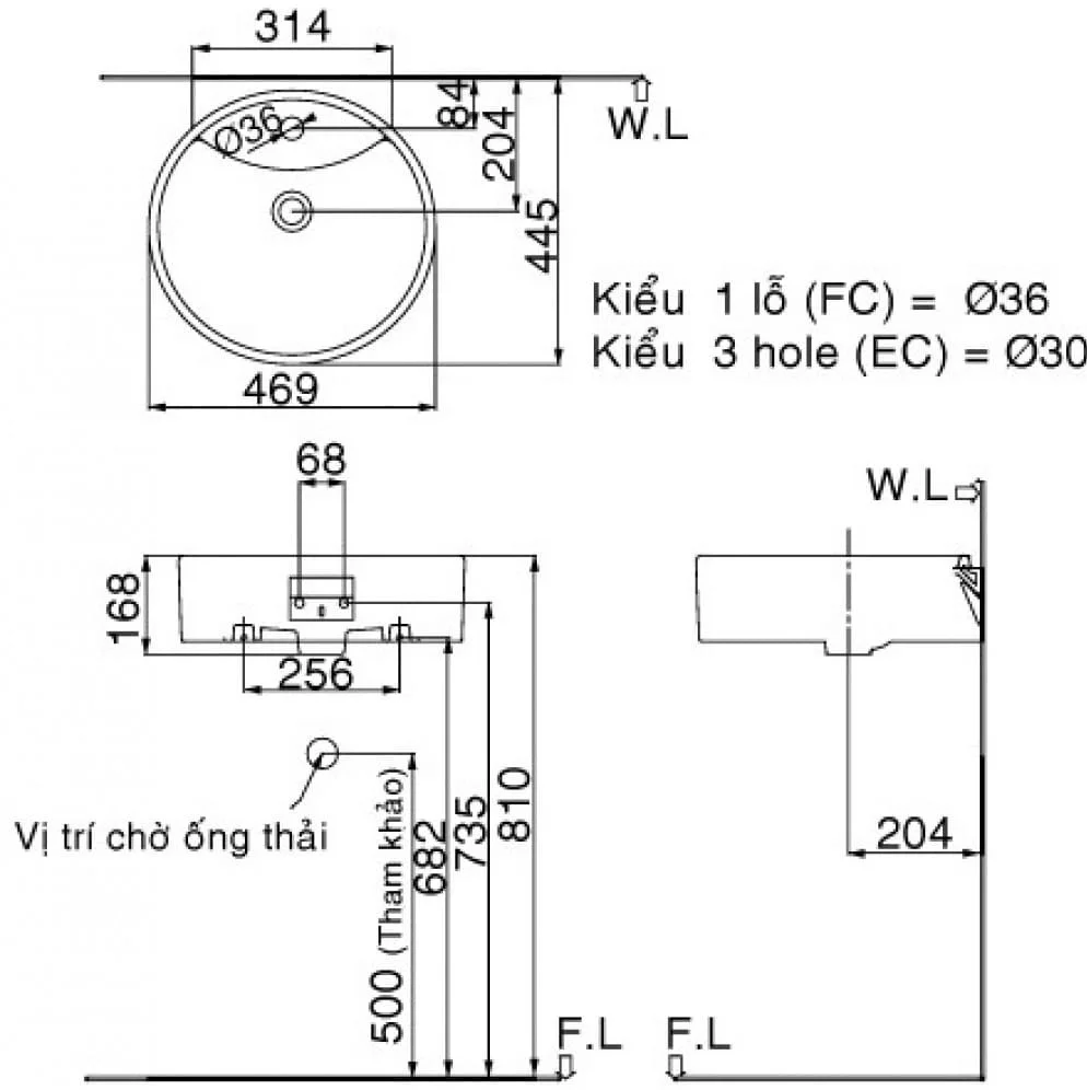 bản vẽ kỹ thuật Chậu rửa mặt đặt bàn tròn Inax L-292V