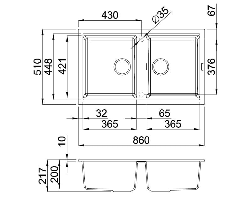 Bản vẽ kỹ thuật Chậu rửa bát đá 2 hố cân Malloca Titanium G-45073