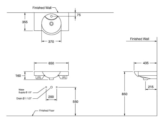 bản vẽ kỹ thuật Chậu rửa lavabo COTTO C0055 (treo tường)