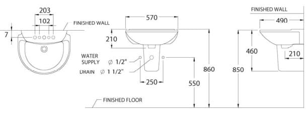 Bản vẽ kỹ thuật Chậu rửa Lavabo COTTO C0237/C4201 chân ngắn