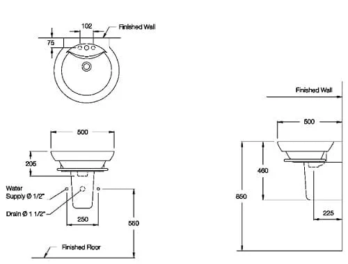 Bản vẽ kỹ thuật Chậu rửa Lavabo COTTO C0285/C4201 chân ngắn 