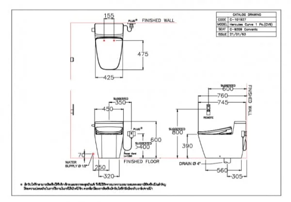 Bản vẽ kỹ thuật Bàn Cầu 1 Khối điện tử COTTO C101927