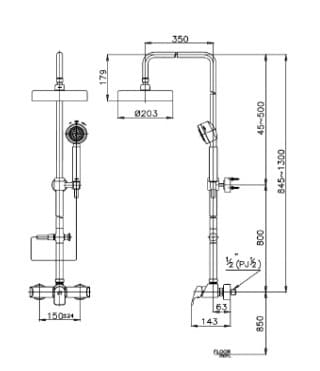 bản vẽ kỹ thuật Sen tắm cây nóng lạnh COTTO CT2035WS