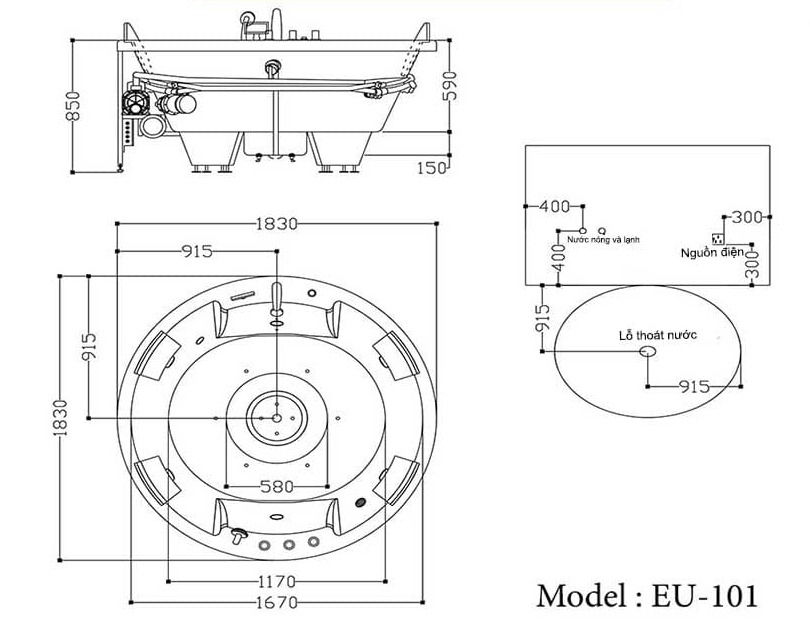 bản vẽ kỹ thuật Bồn tắm MASSAGE Euroking EU–101