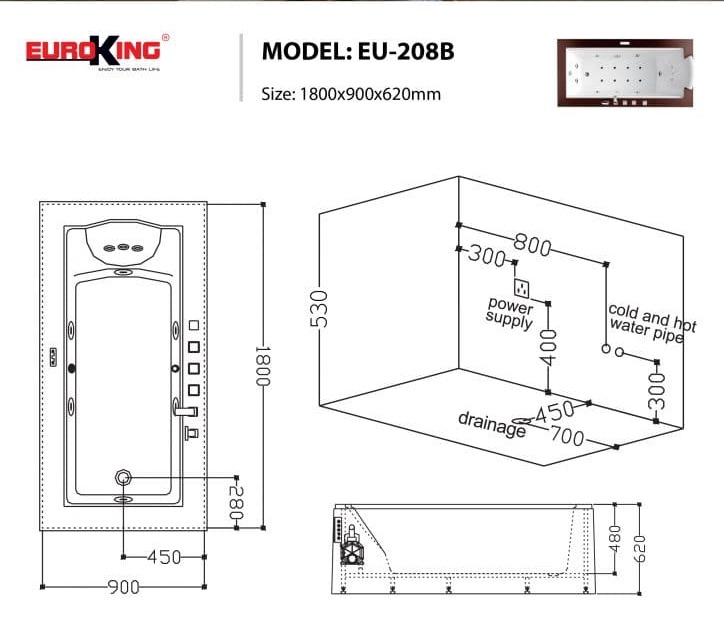 bản vẽ kỹ thuật Bồn tắm MASSAGE Euroking EU–208B