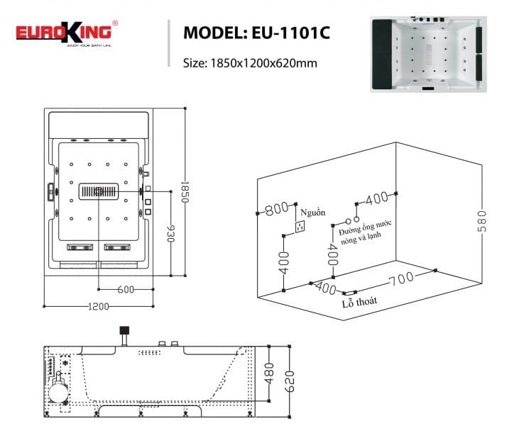 bản vẽ kỹ thuật Bồn tắm MASSAGE Euroking EU–1101C