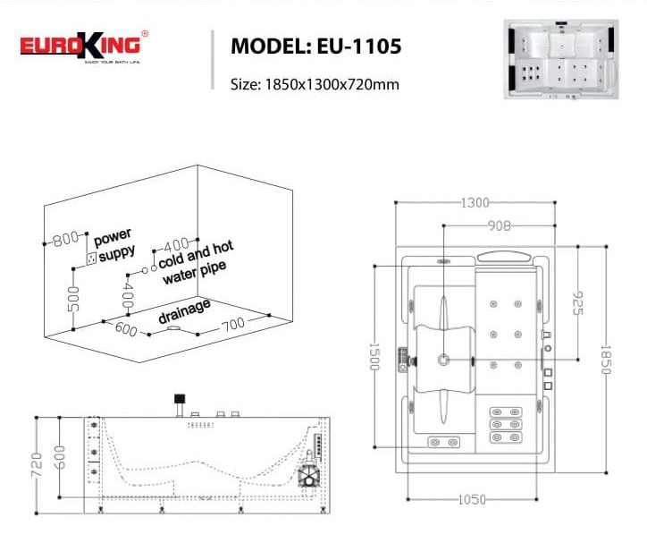 bản vẽ kỹ thuật Bồn tắm MASSAGE Euroking EU–1105