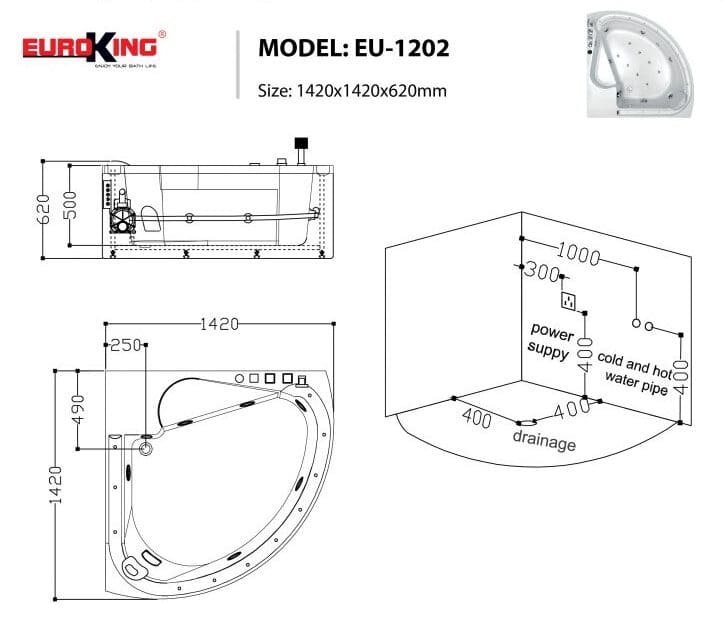 bản vẽ kỹ thuật Bồn tắm MASSAGE Euroking EU–1202
