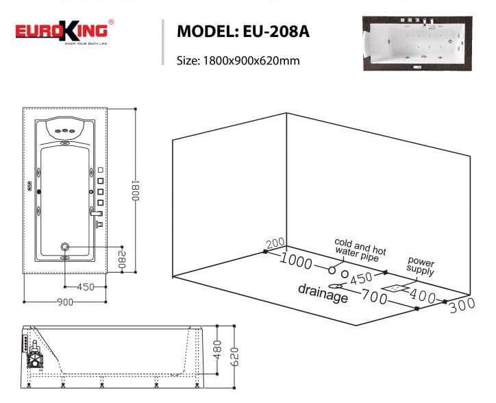 bản vẽ kỹ thuật Bồn tắm MASSAGE Euroking EU–208