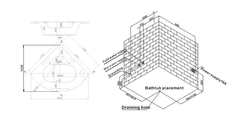 bản vẽ kỹ thuật Bồn tắm MASSAGE Euroking EU–3140D