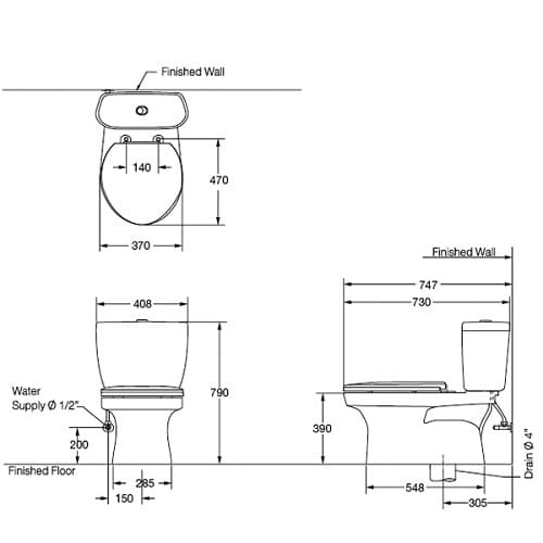 Bản vẽ kỹ thuật Bàn Cầu 2 Khối COTTO C1389