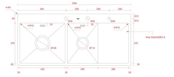 bản vẽ kỹ thuật Chậu rửa bát 2 hố 1 bàn Geler GL Eco-10548