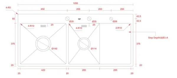 bản vẽ kỹ thuật Chậu rửa bát 2 hố 1 bàn Geler GL Eco-10548