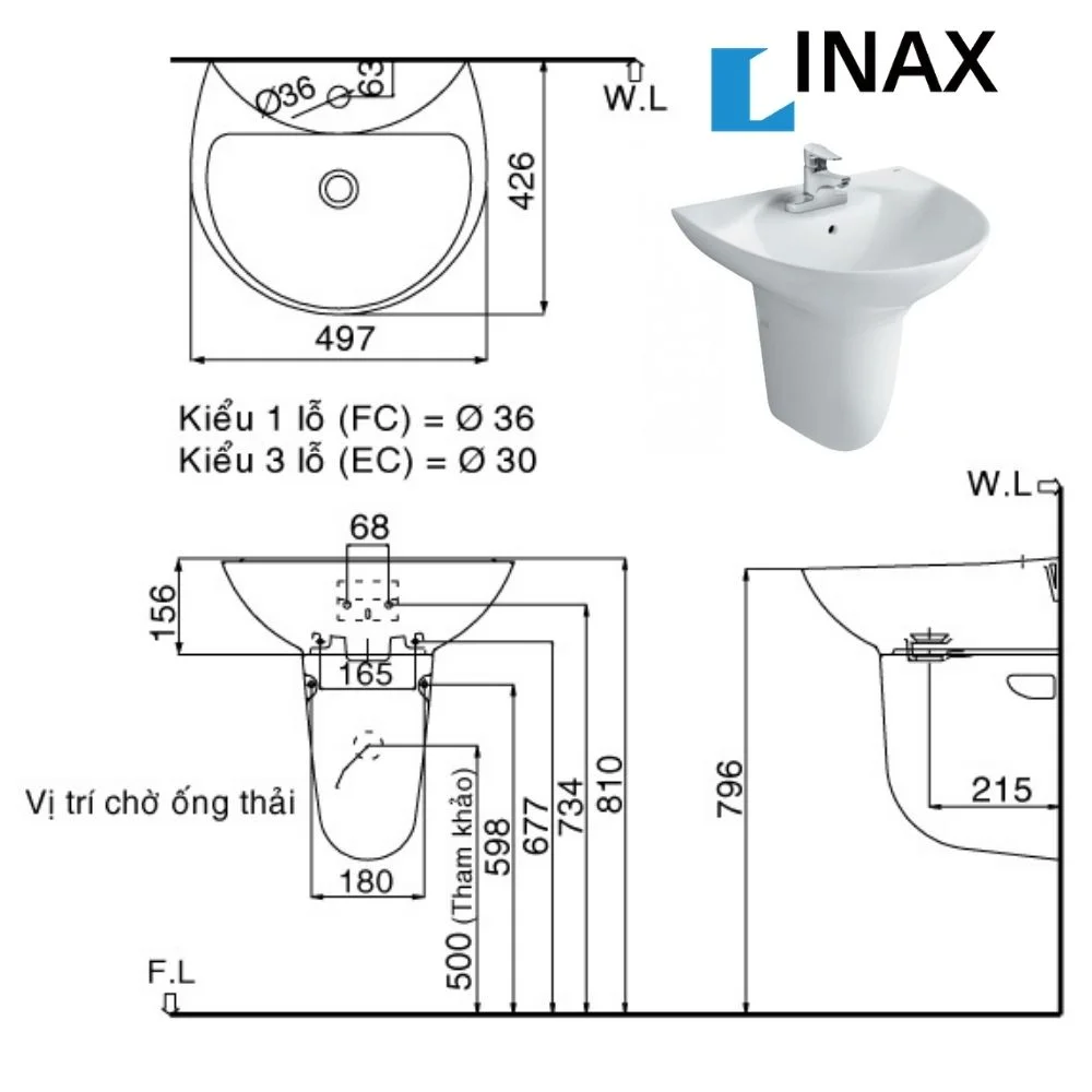 Bản vẽ kỹ thuật chậu treo tường inax