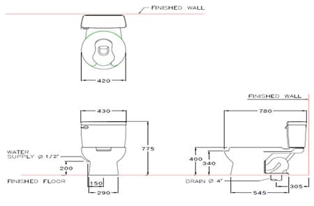 Bản vẽ kỹ thuật Bàn Cầu 2 Khối COTTO SC6652