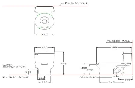 Bản vẽ kỹ thuật Bàn Cầu 2 Khối COTTO SC6652