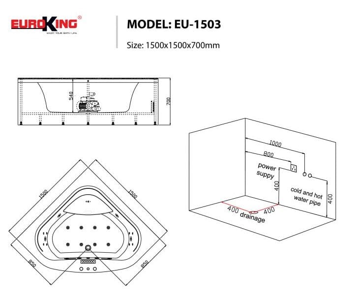 bản vẽ kỹ thuật Bồn tắm MASSAGE Euroking EU–1503