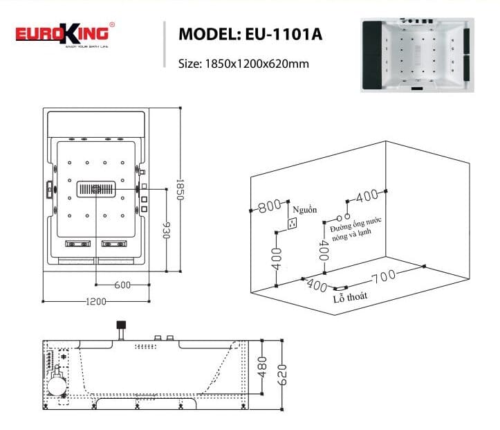 bản vẽ kỹ thuật Bồn tắm MASSAGE Euroking EU–1101A