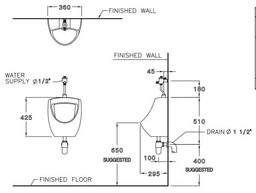 bản vẽ kỹ thuật Bồn Tiểu Nam COTTO C3080 Baron Treo Tường