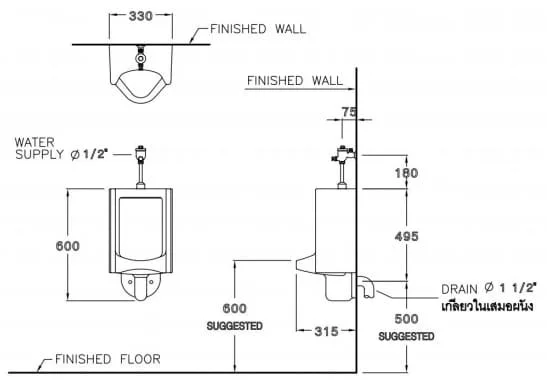 bản vẽ kỹ thuật Bồn Tiểu Nam COTTO C313 Natasha Treo Tường