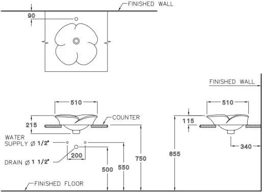 bản vẽ kỹ thuật Chậu rửa mặt COTTO C0004 dương bàn 