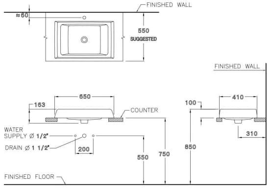 bản vẽ kỹ thuật Chậu rửa mặt COTTO C00247 đặt bàn
