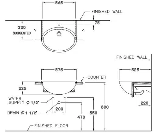 bản vẽ kỹ thuật Chậu rửa mặt COTTO C021 bán âm bàn 