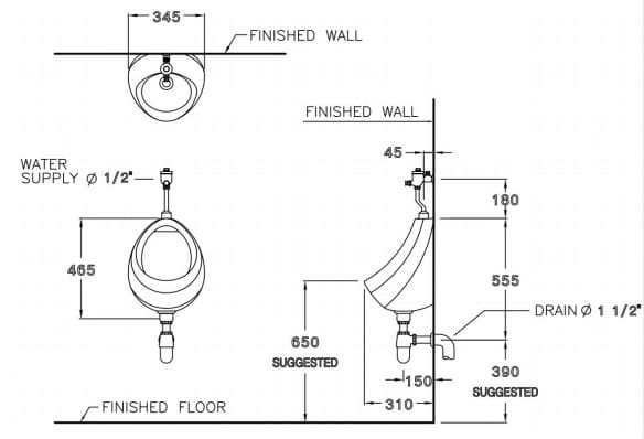 bản vẽ kỹ thuật Bồn Tiểu Nam COTTO C307 Venus Treo Tường